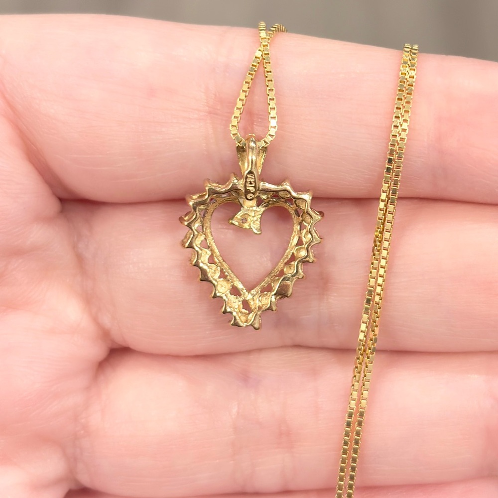 Vintage 10K Gold Open Heart Diamond Pendant: Dainty Feminine Charm - Picture 9 of 12